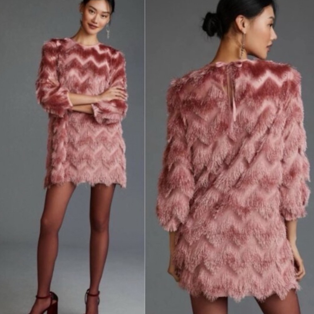 Anthropologie Hutch Pink Fringe Chevron Mini Dress Shag Party Cocktail Medium